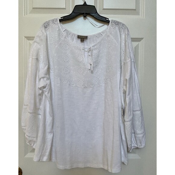 STYLE & CO. WOMENSPLUS SIZE 3X WHITE EYE TRIM TIE-NECK PESANT TOP EMBROIDERED - Picture 2 of 6